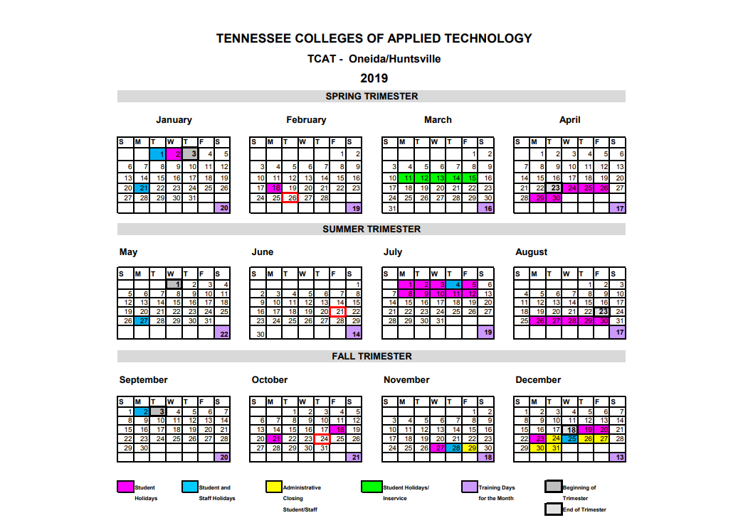 Academic Calendar TCAT Oneida